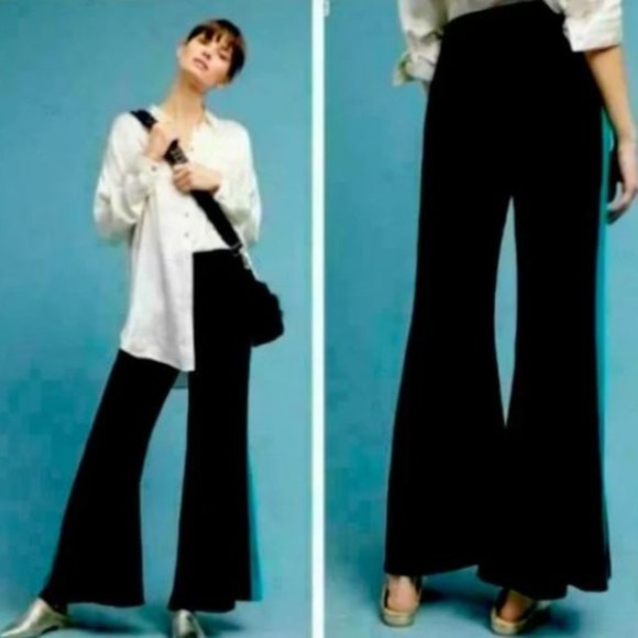 ANTHROPOLOGIE ett twa Women’s HIGH WAISTED FLARE TRACK PANTS BLACK GREEN SIZE 8 - Picture 6 of 9